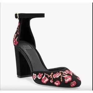 White House Black Market Black Heels with Pink Floral Embroidery